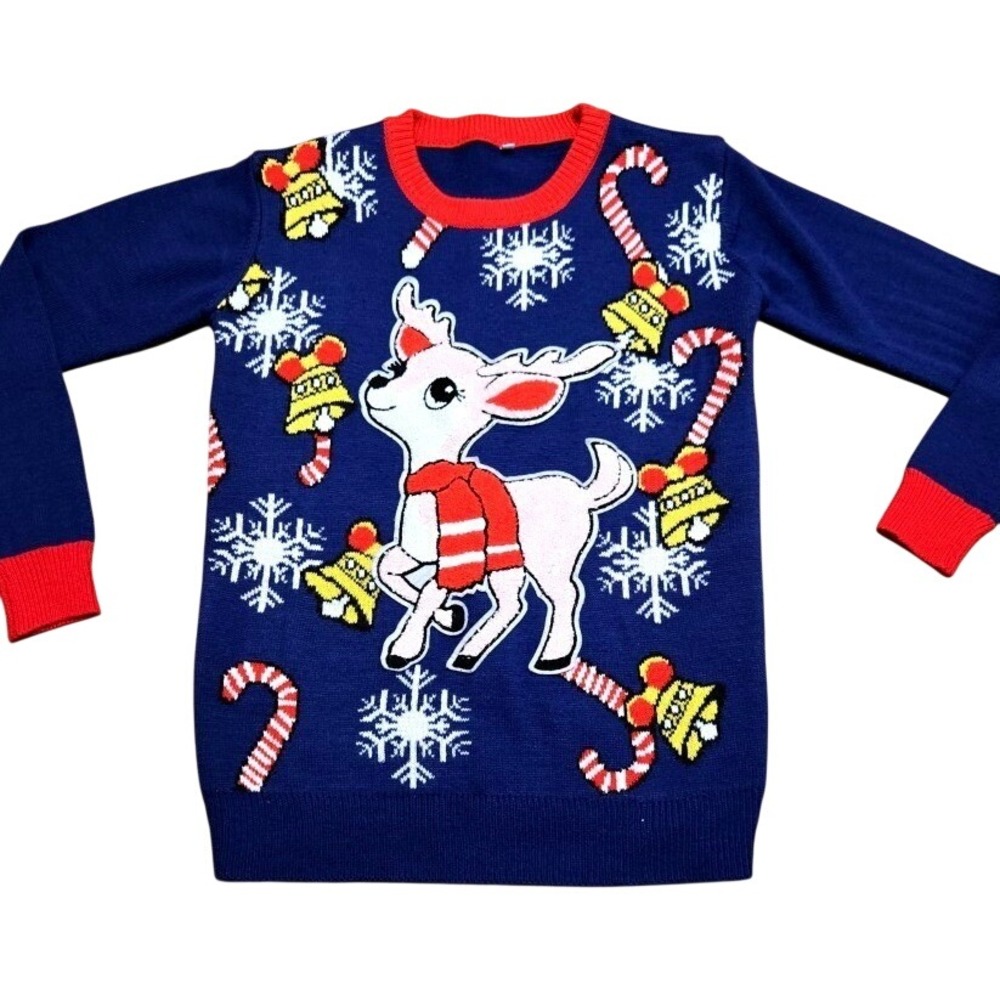 Womens Ugly Christmas Sweater Reindeer Snowflakes Candy Cane L XL